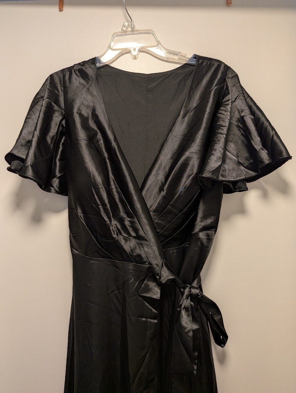 Satin Black Wrap Maxi Dress with Flutter Sleeves